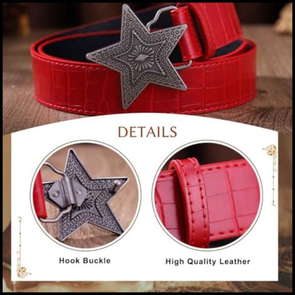 Red Cowgirl Belt with Star Buckle, Faux Leather, Adjustable